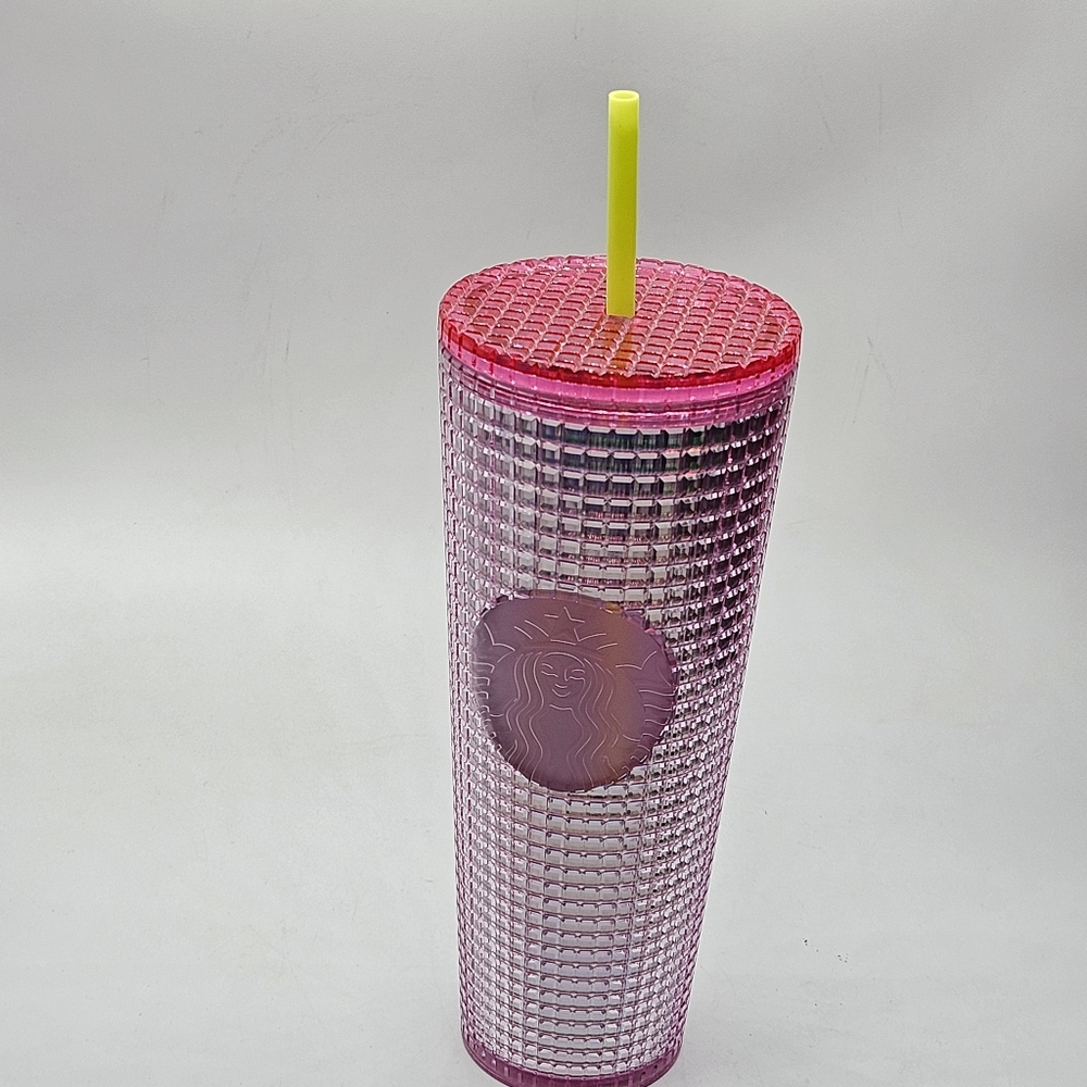 pink bubblegum grid 24 ounce venti tumbler with yellow straw ☆☆ new☆☆ - Picture 3 of 16